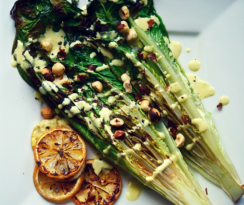 Broiled Romaine With Lemon Cream & Hazelnuts