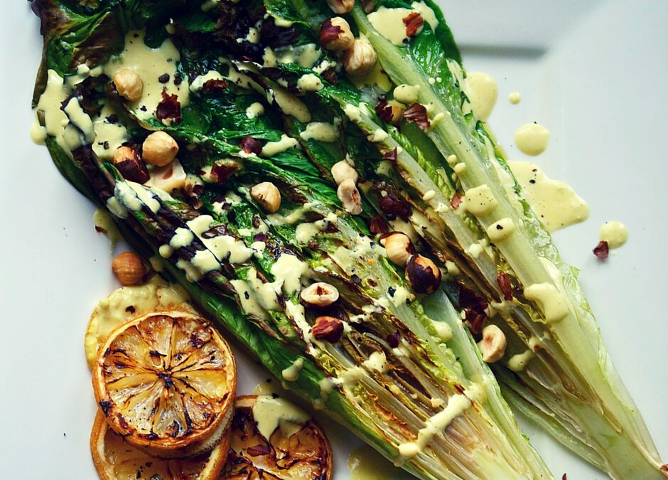 Broiled Romaine With Lemon Cream & Hazelnuts