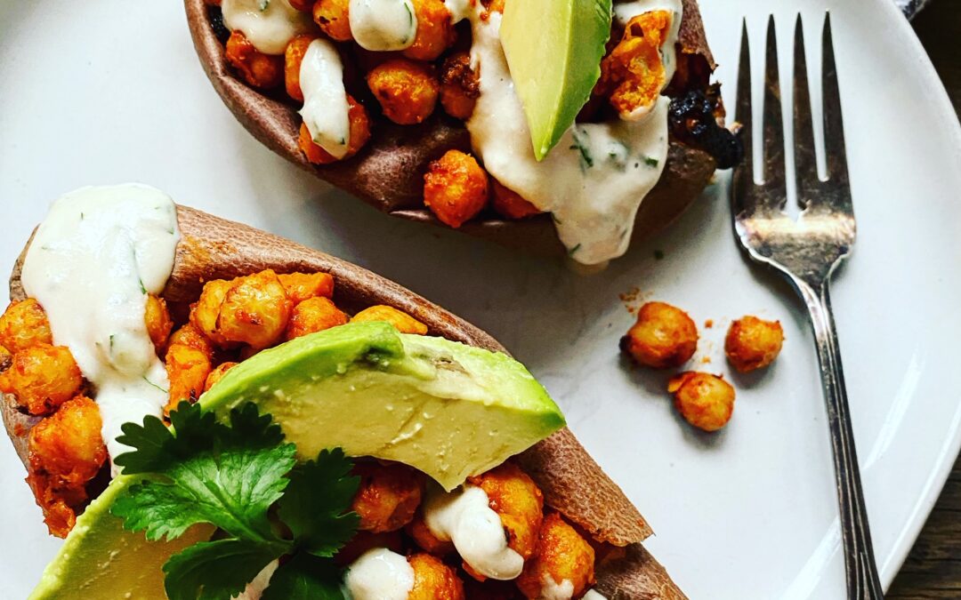 Buffalo Chickpea Stuffed Sweet Potatoes