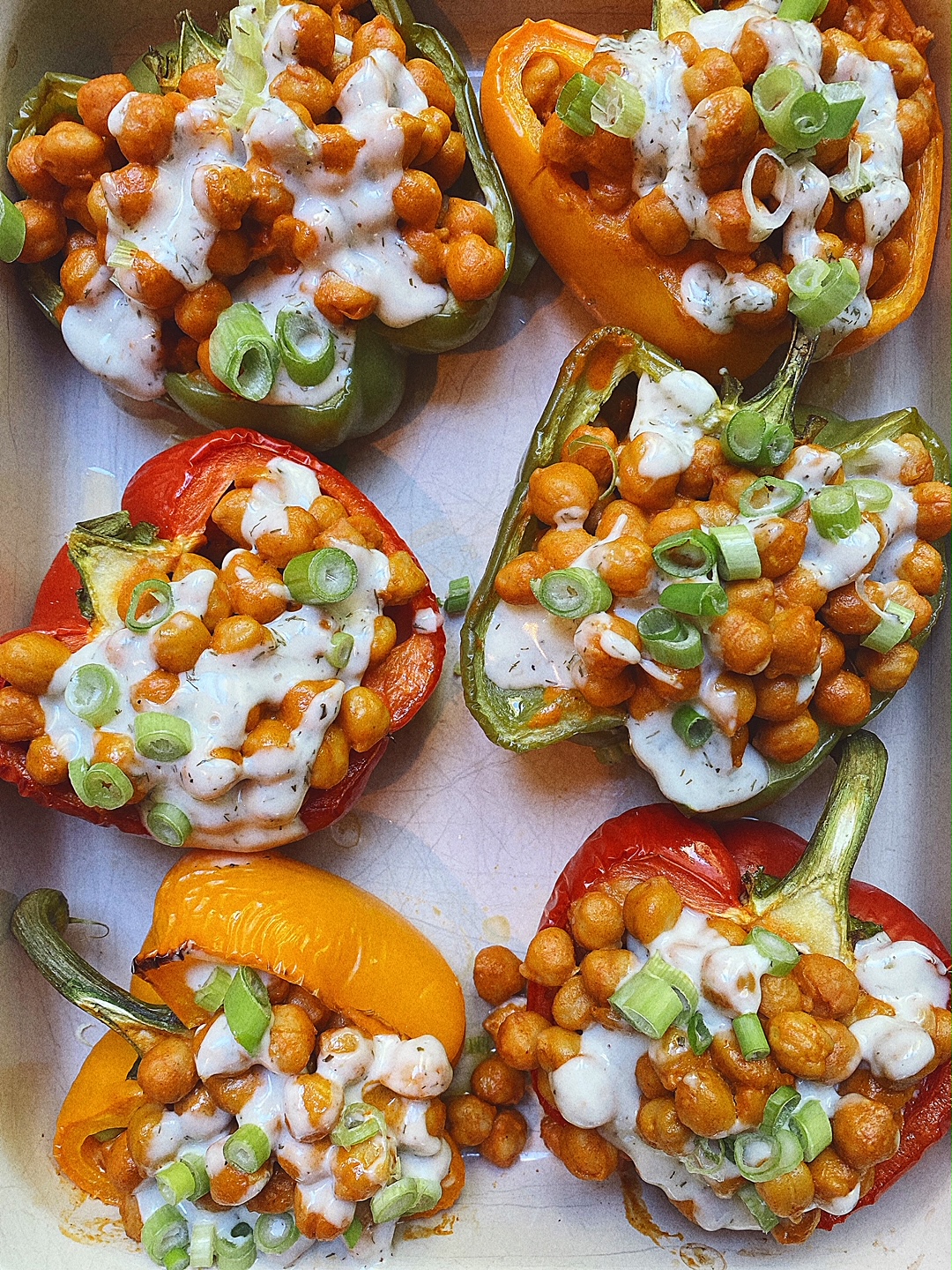 Buffalo Chickpea Stuffed Bell Peppers