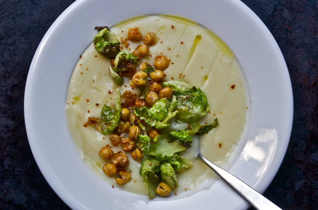 Creamy Cauliflower Soup with Crispy Brussels Sprouts & Smokey Chickpeas