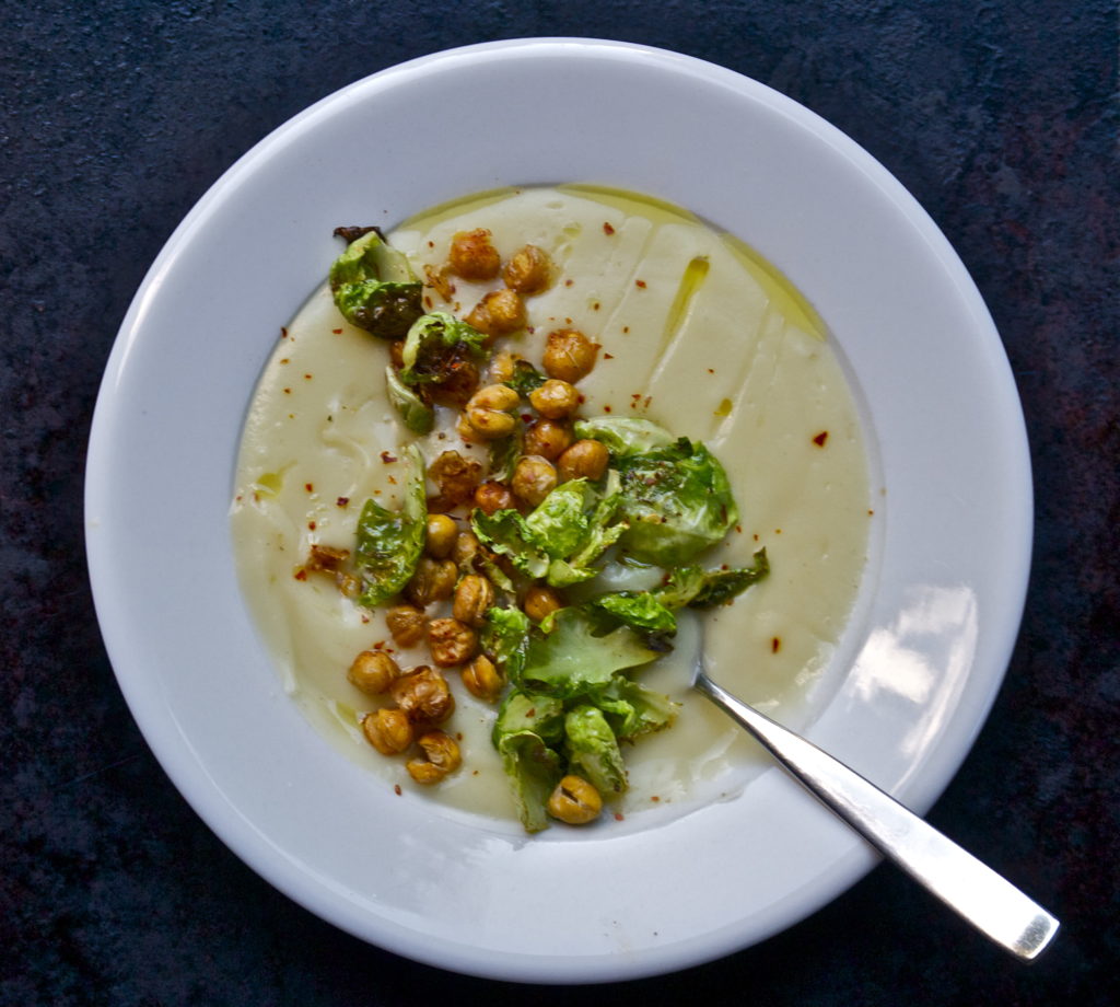 Creamy Cauliflower Soup with Crispy Brussels Sprouts & Smokey Chickpeas
