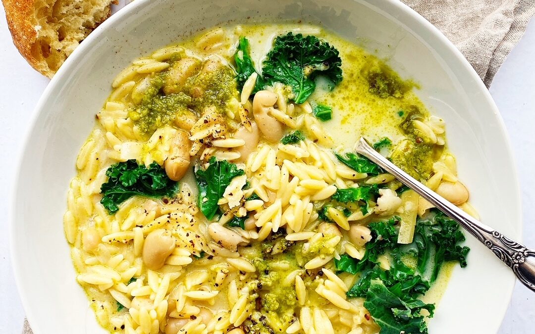 Creamy White Bean & Orzo Soup with Pesto
