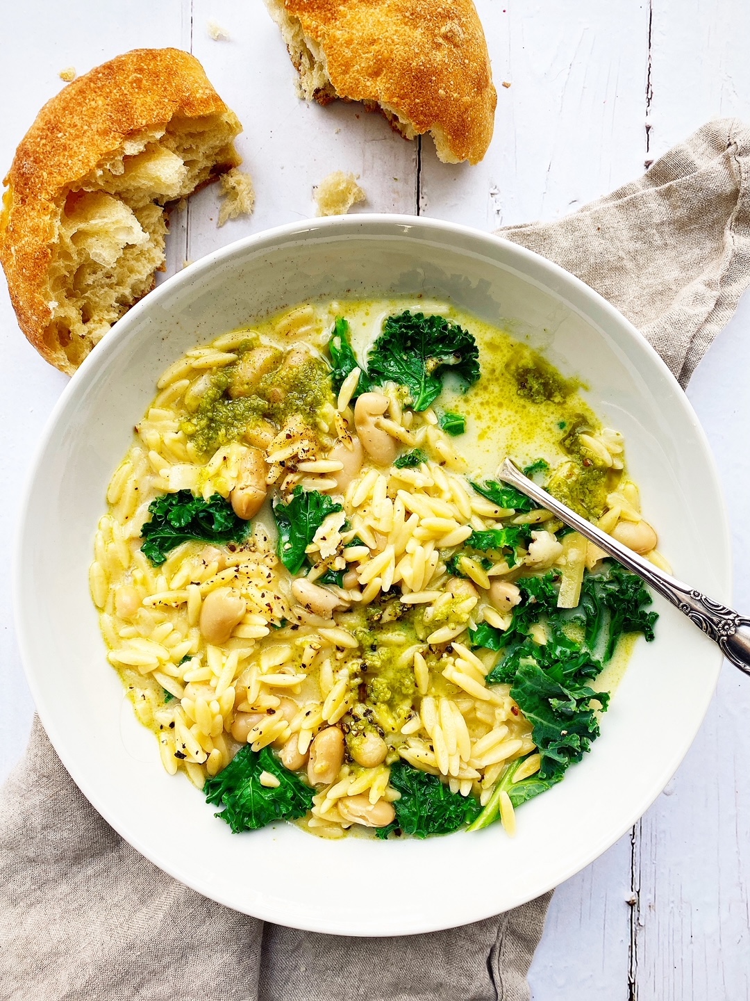 Creamy White Bean & Orzo Soup with Pesto