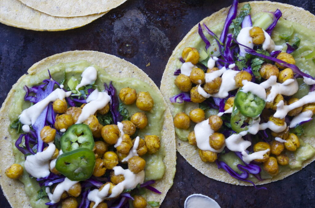 Curried Chickpea Tacos with Lime Cabbage Slaw & Guacamole