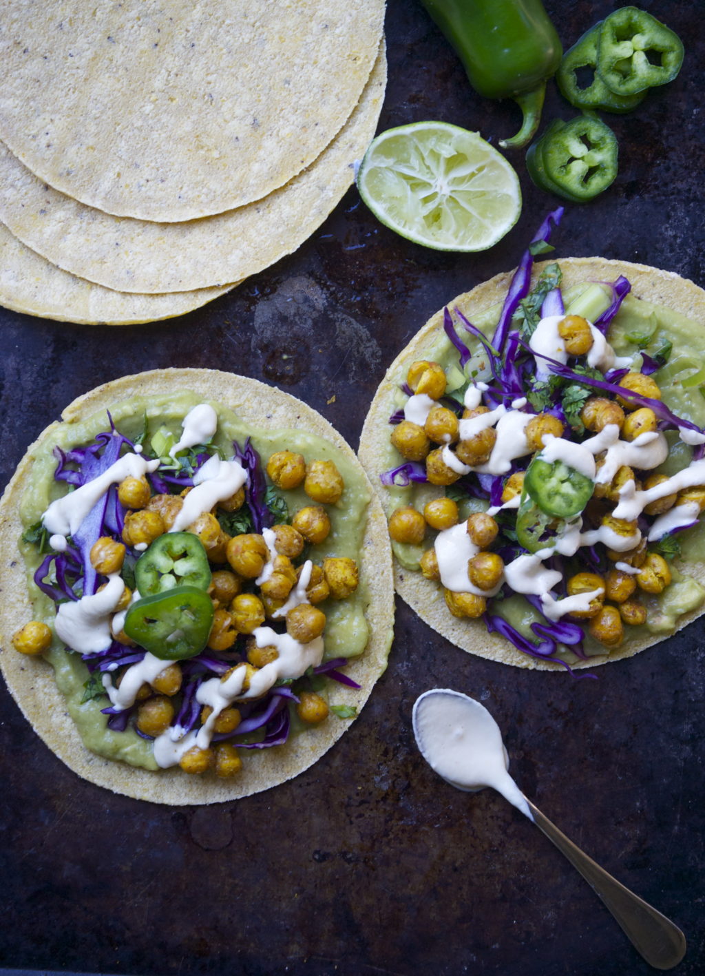 Curried Chickpea Tacos with Lime Cabbage Slaw & Guacamole