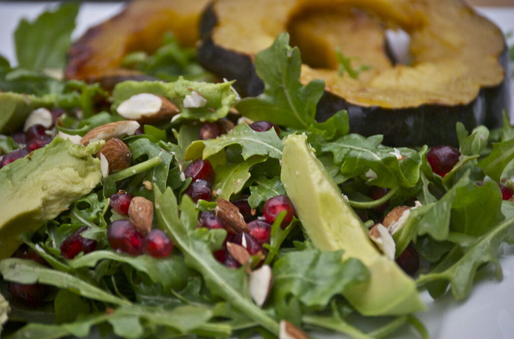 Arugula with Avocado, Pomegranate, Almonds and Caramelized Acorn Squash