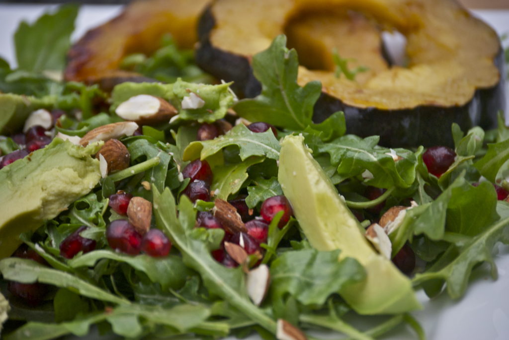 Arugula with Avocado, Pomegranate, Almonds and Caramelized Acorn Squash