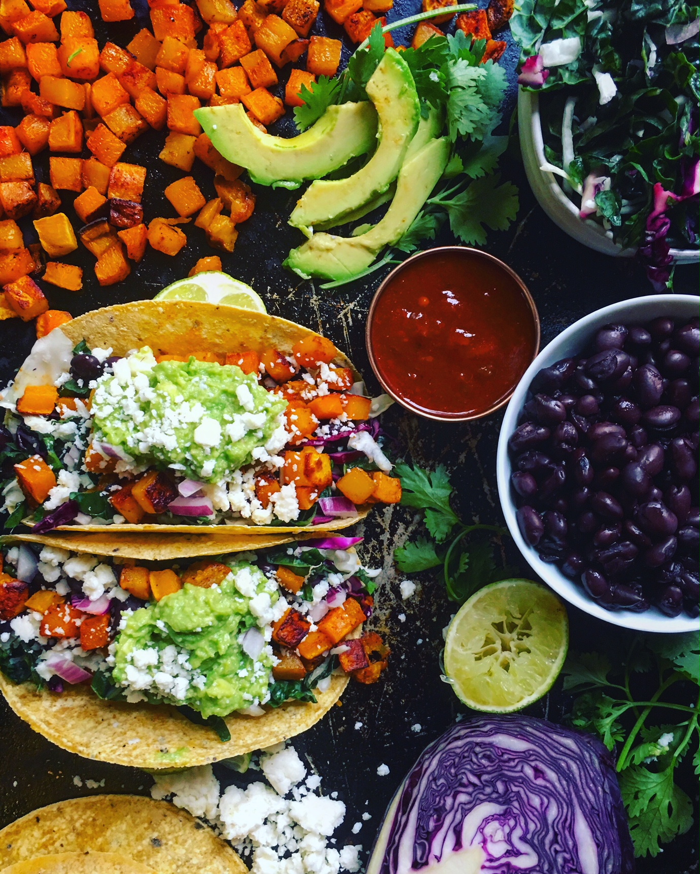 Smoky Butternut & Black Bean Tacos with Kale & Cabbage Slaw