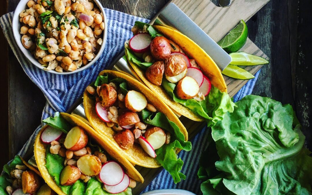 Spring Tacos with White Beans, Red Potatoes, and Garlic Yogurt Sauce