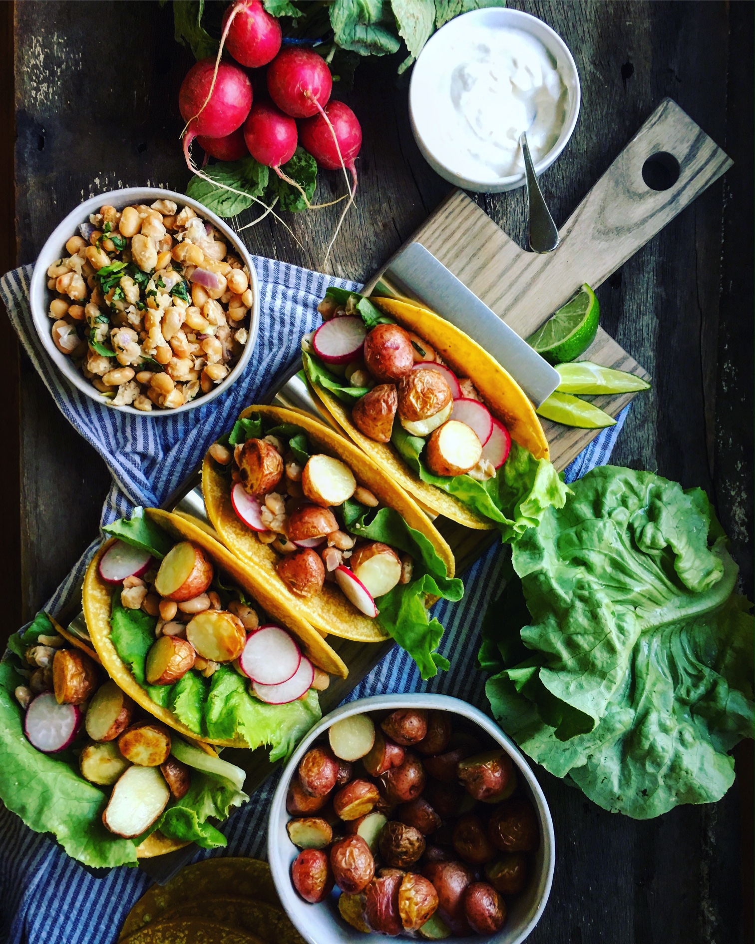 Spring Tacos with White Beans, Red Potatoes, and Garlic Yogurt Sauce