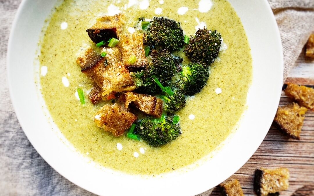 Roasted Broccoli & Lemon Soup with Cheesy Croutons