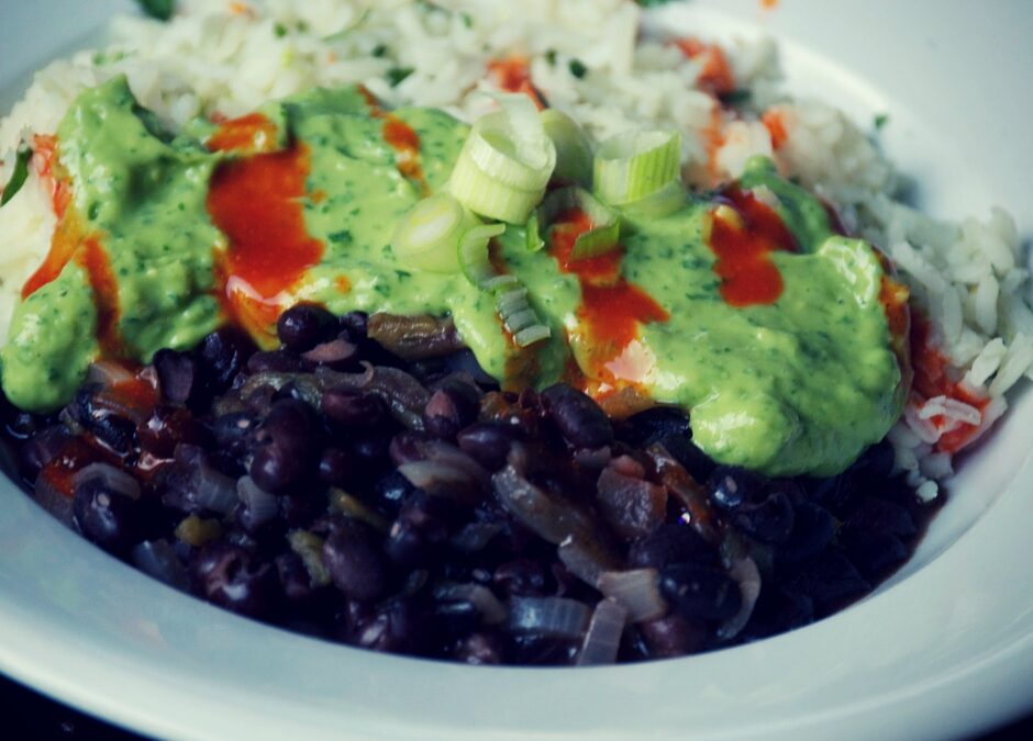 Cilantro Lime Rice with Smokey Black Beans & Avocado Crema
