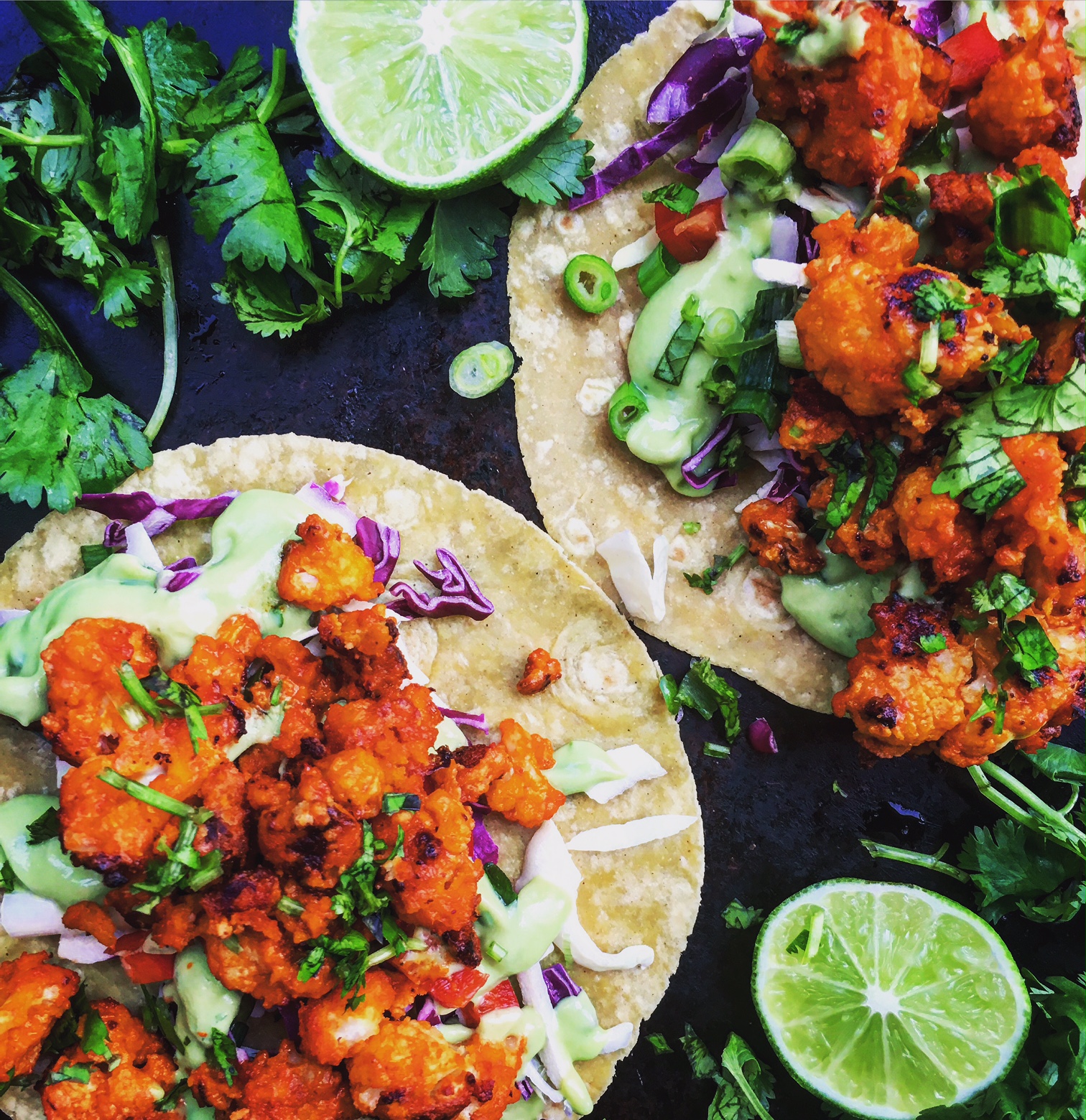 Buffalo Cauliflower Tacos with Avocado Cream