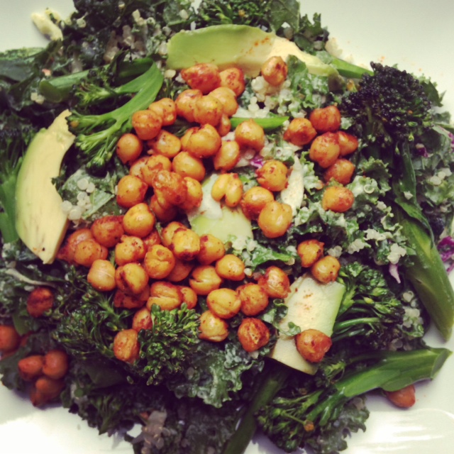 Broccoli, Avocado, Kale Salad with Garlic-Tahini Dressing & Roasted Chickpeas