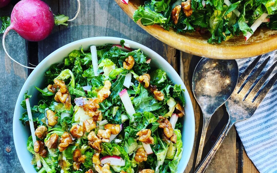 Kale Salad With Brussels Sprouts, Apples & Maple Walnuts