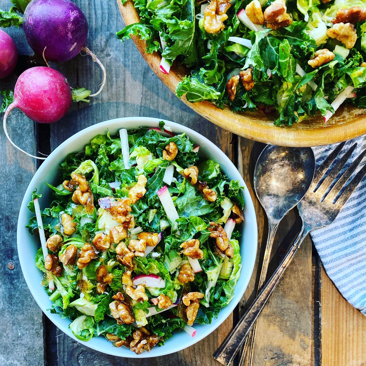 Kale Salad With Brussels Sprouts, Apples & Maple Walnuts