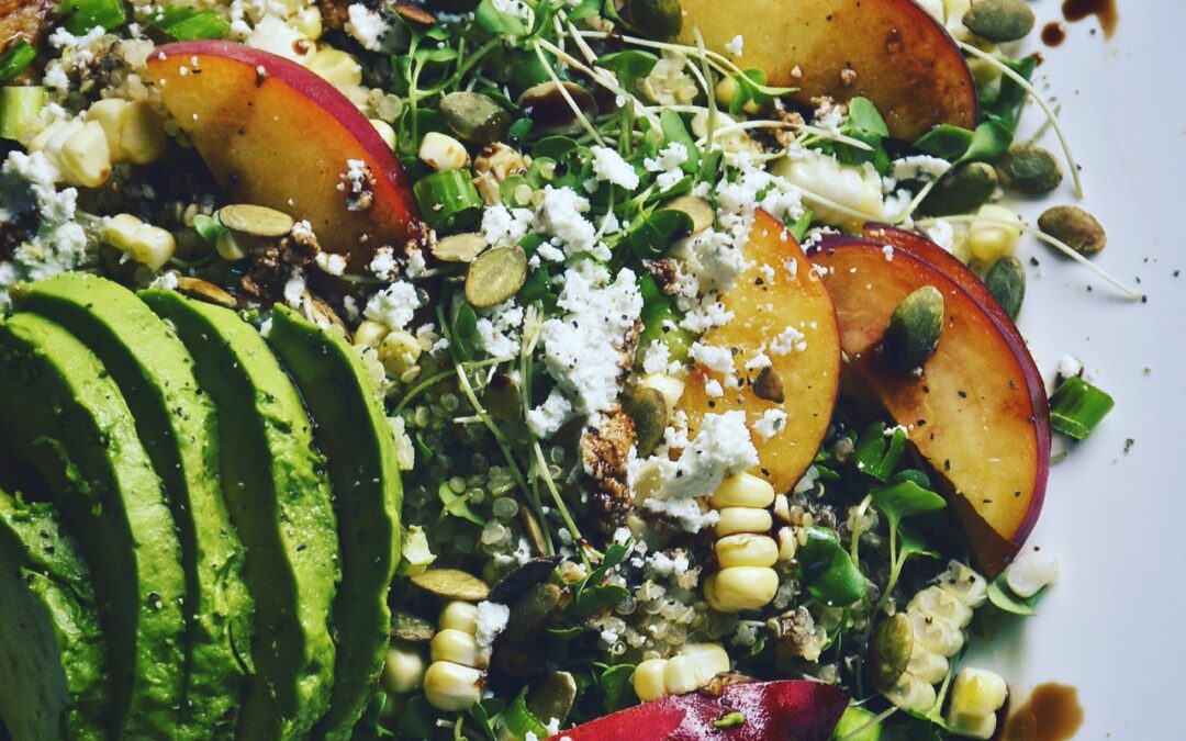 Quinoa, Peach, Corn & Avocado Salad with Goat Cheese