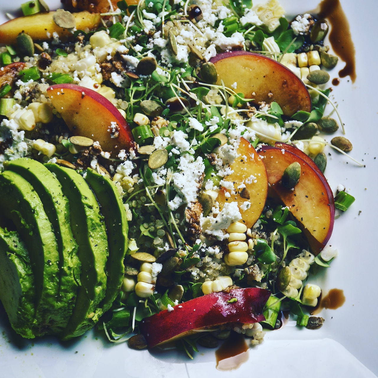 Quinoa, Peach, Corn & Avocado Salad with Goat Cheese