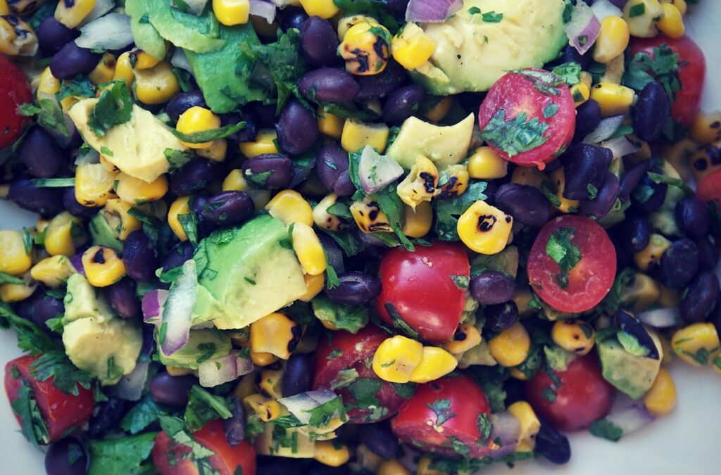 Black Bean Salad with Avocado, Fire Roasted Corn, Tomatoes, Red Onion, and Cilantro
