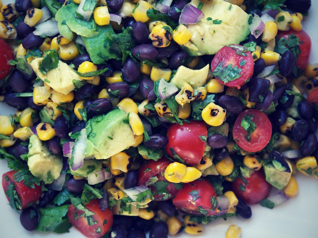 Black Bean Salad with Avocado, Fire Roasted Corn, Tomatoes, Red Onion, and Cilantro