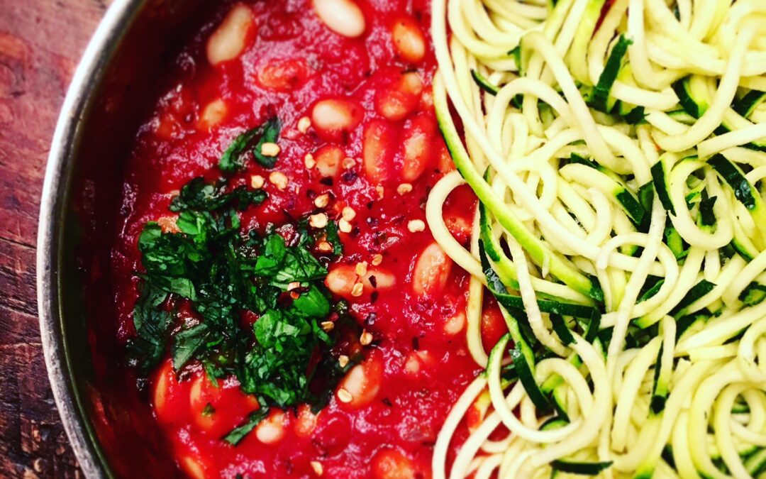 Spicy Basil Tomato Sauce with White Beans & Zucchini Noodles