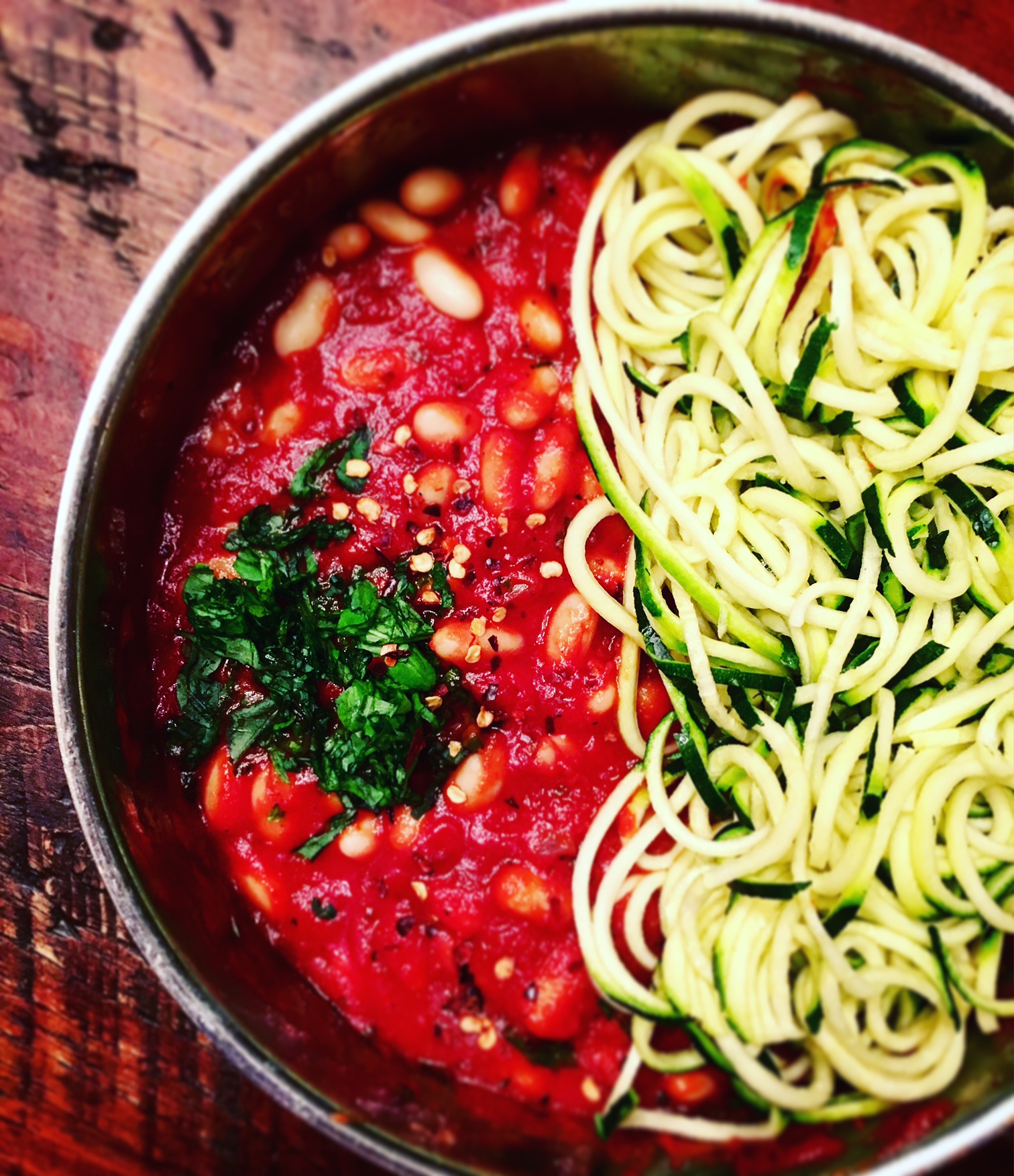 Spicy Basil Tomato Sauce with White Beans & Zucchini Noodles
