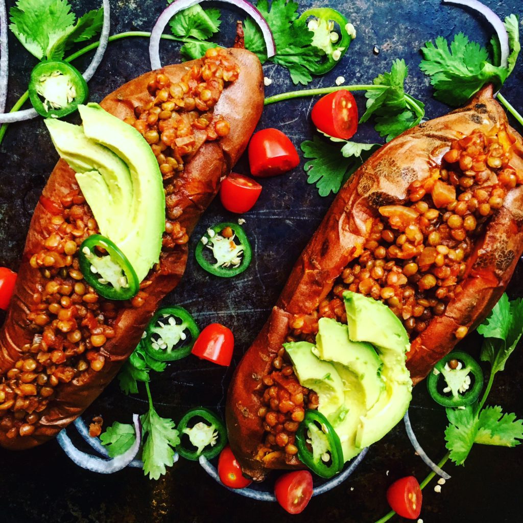 Smoky Lentil Stuffed Sweet Potatoes with Avocado
