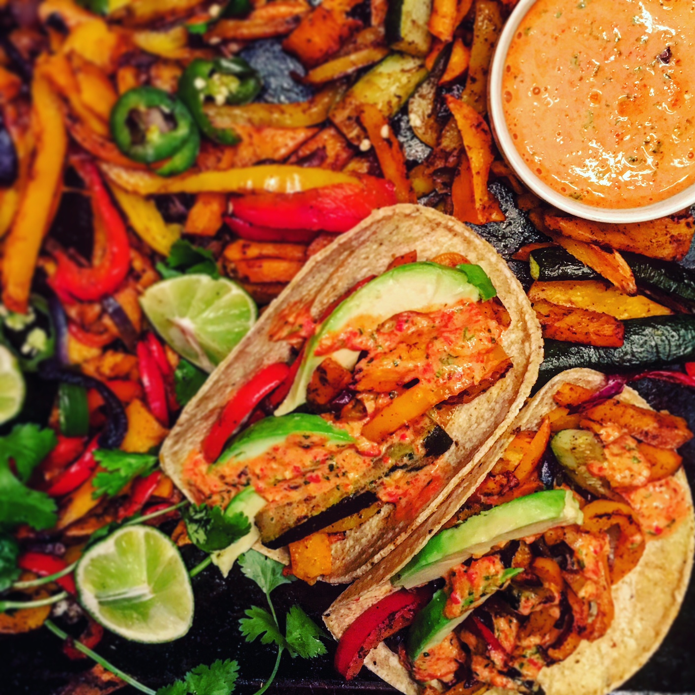 Sheet Pan Fajitas with Roasted Red Pepper Sauce