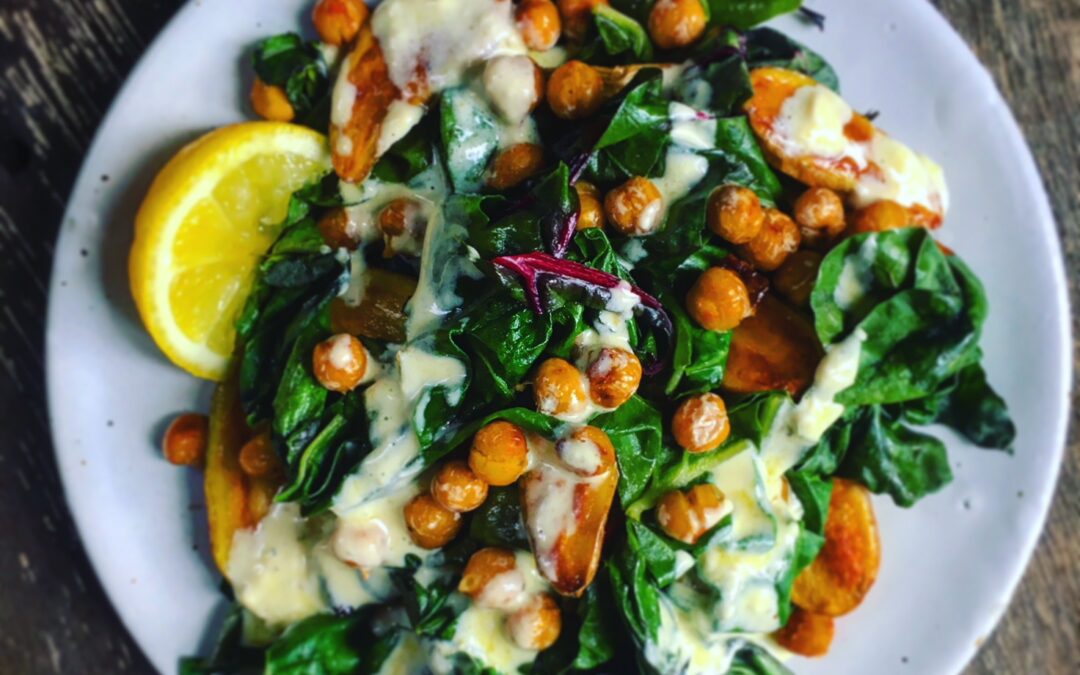 Fingerling Potatoes, Greens, Garlic & Chickpeas