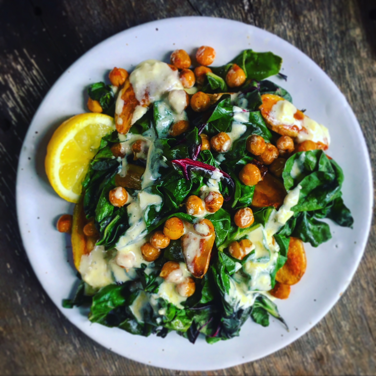 Fingerling Potatoes, Greens, Garlic & Chickpeas